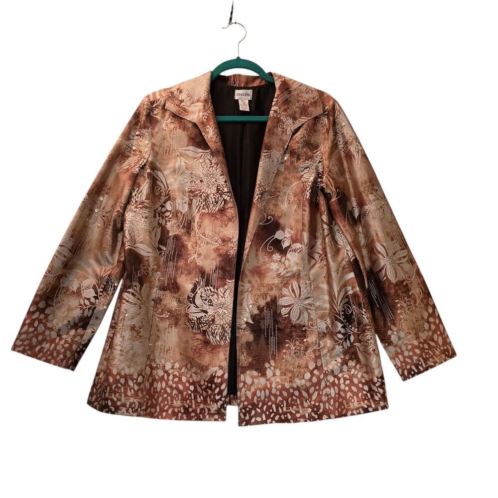 Chicos Open Front Floral Silk Blend Womens Jacket Front Pockets Lightweight Sz M
